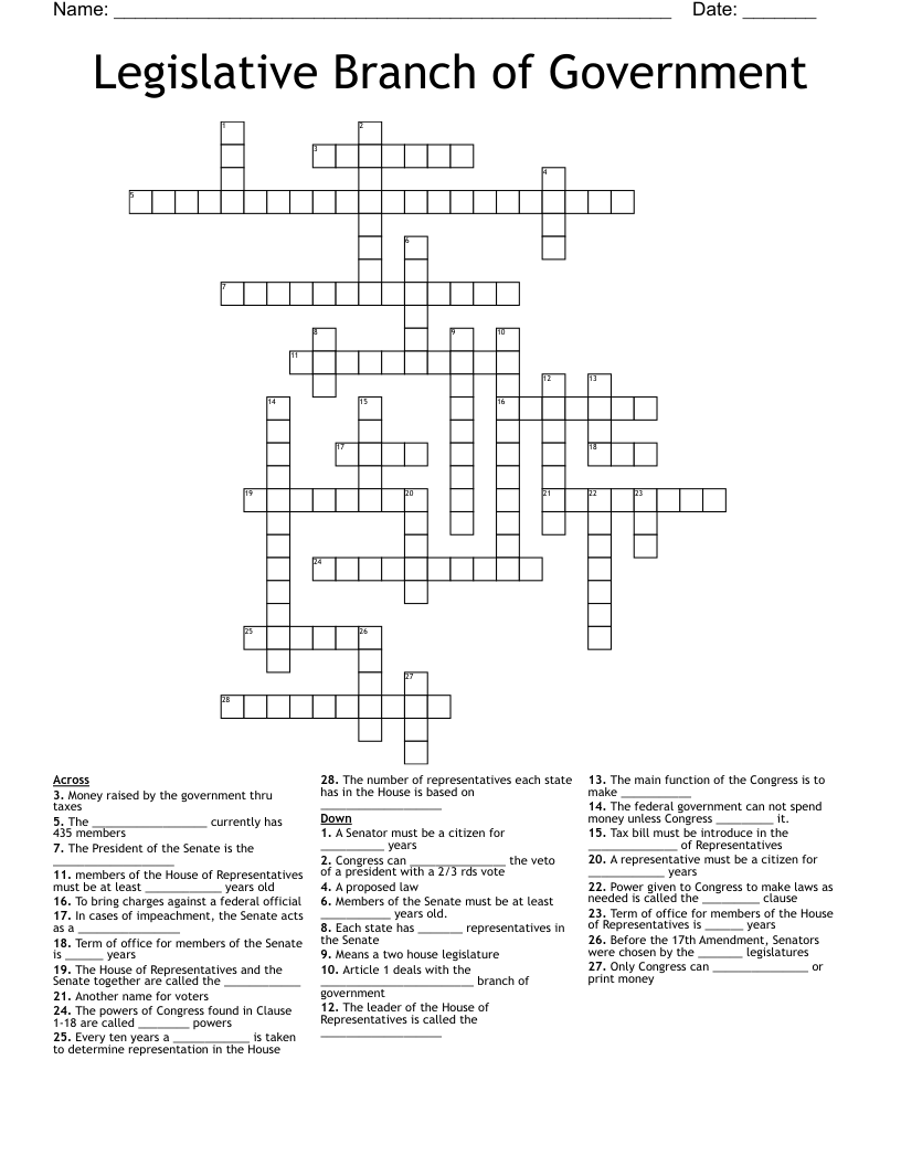 Legislative Branch of Government Crossword