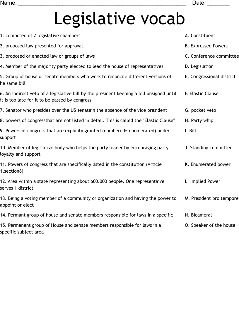 Legislative vocab Worksheet