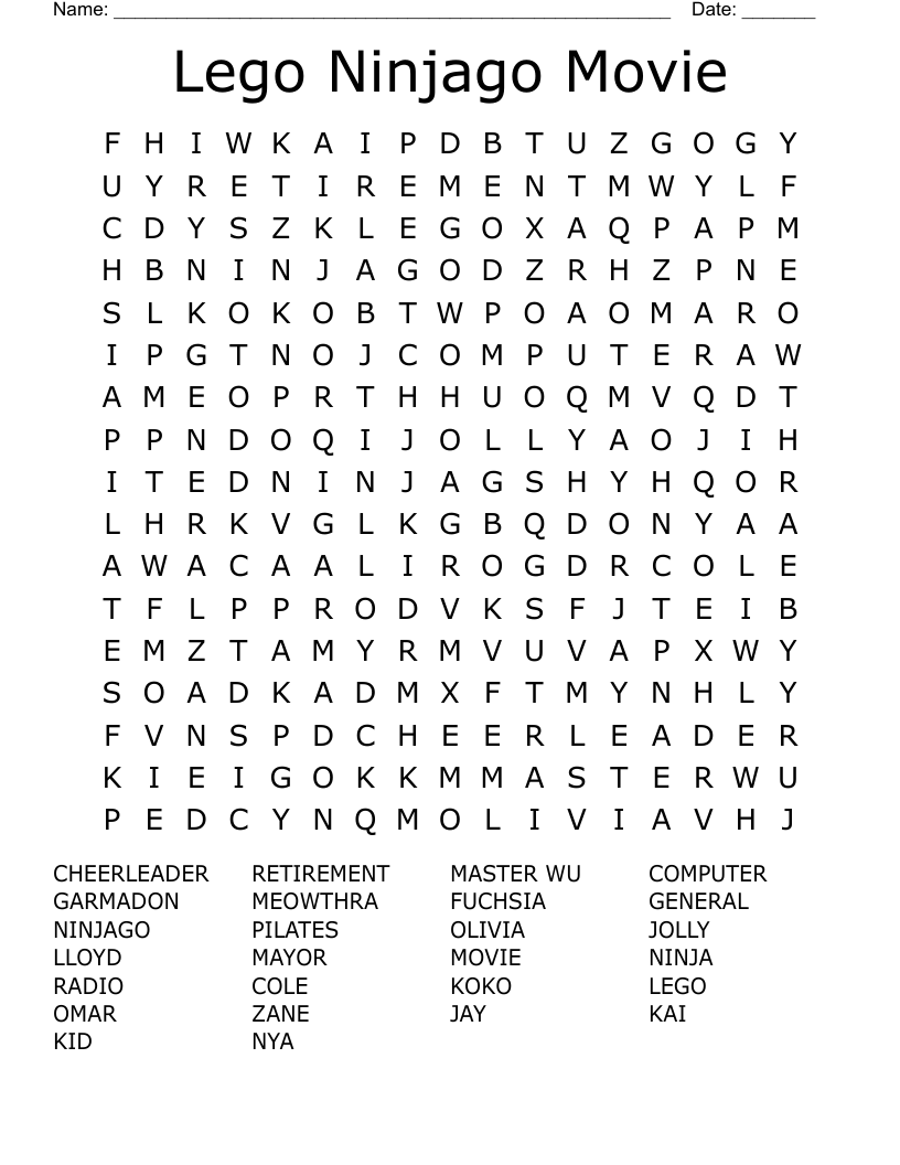 Lego Ninjago Movie Word Search