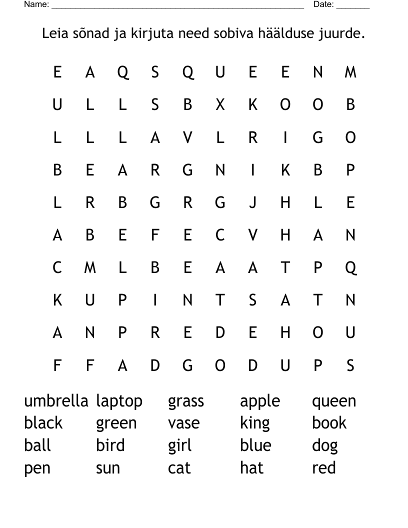 Leia sõnad ja kirjuta need sobiva häälduse juurde. Word Search