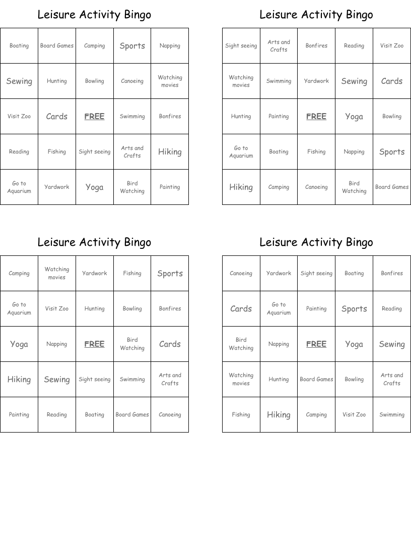 Leisure Activity Bingo