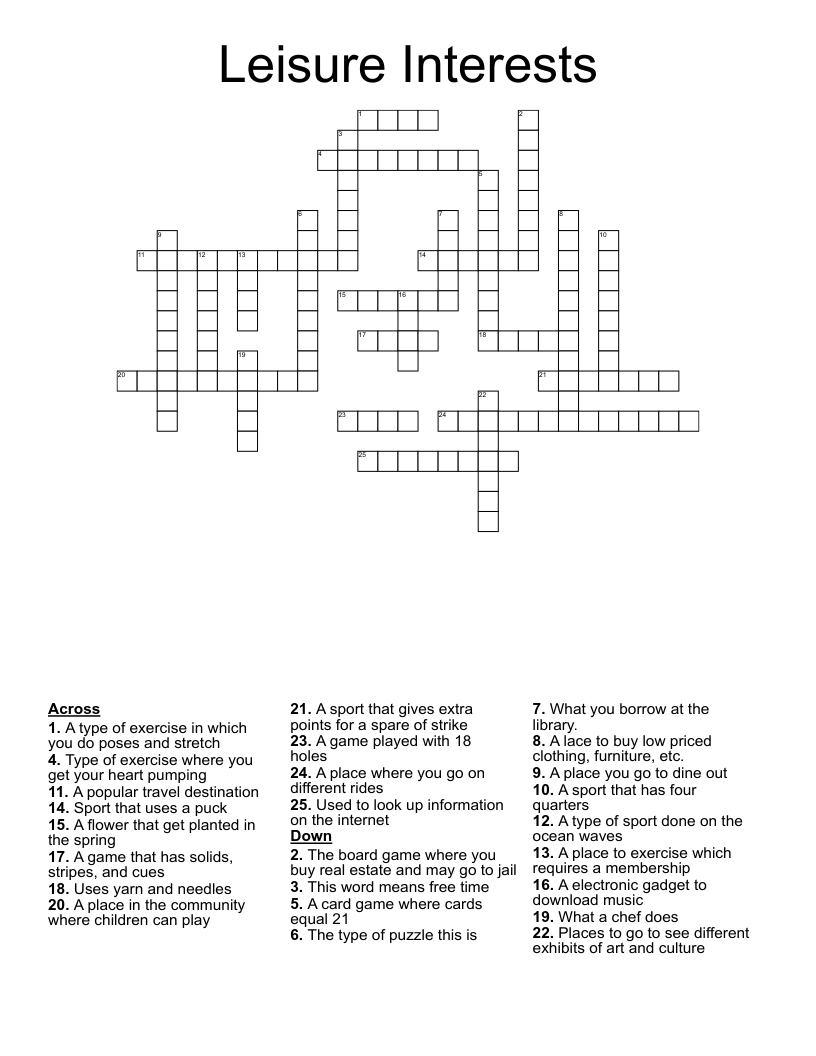 Leisure Interests Crossword