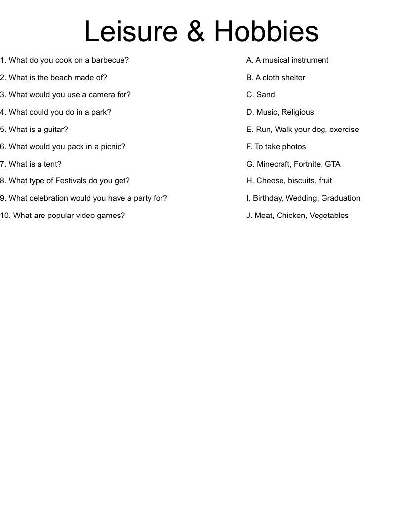 Leisure & Hobbies Worksheet