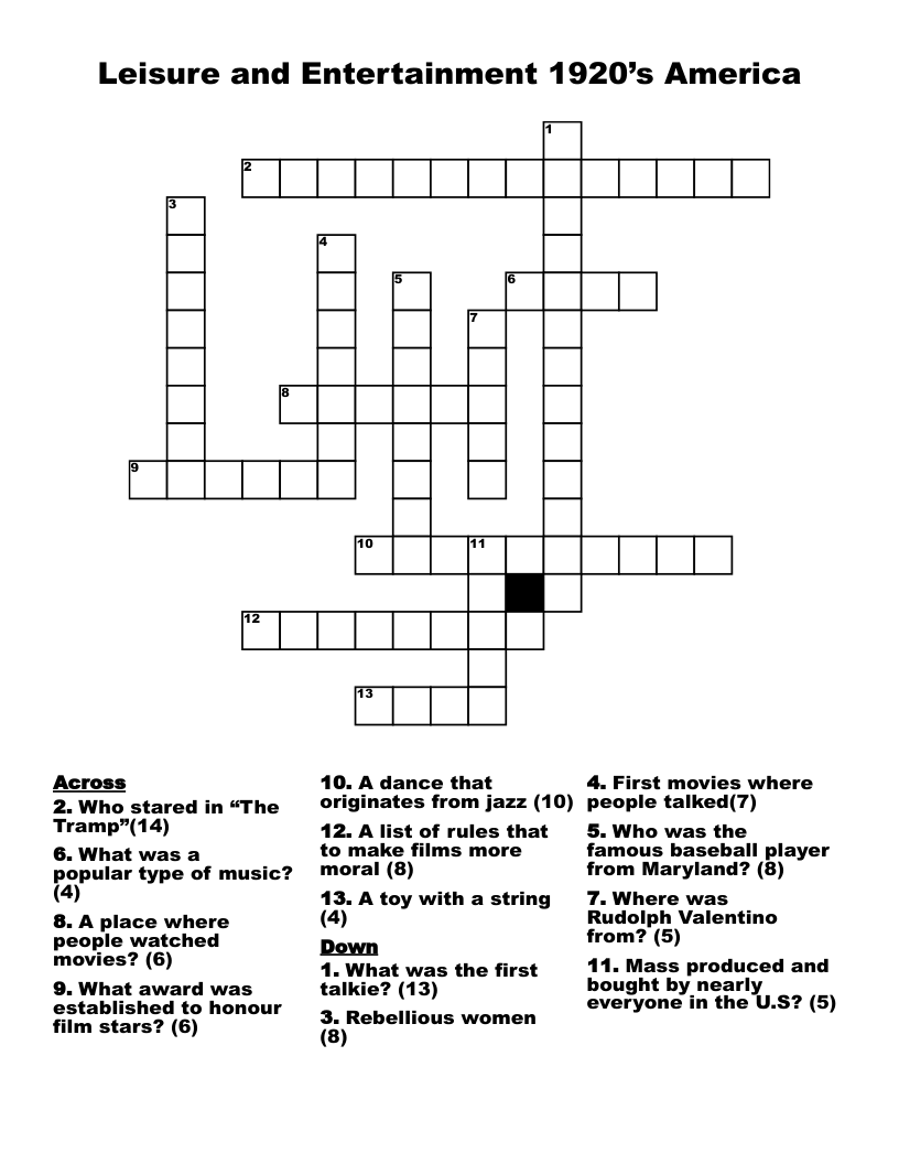 Leisure and Entertainment 1920’s America  Crossword