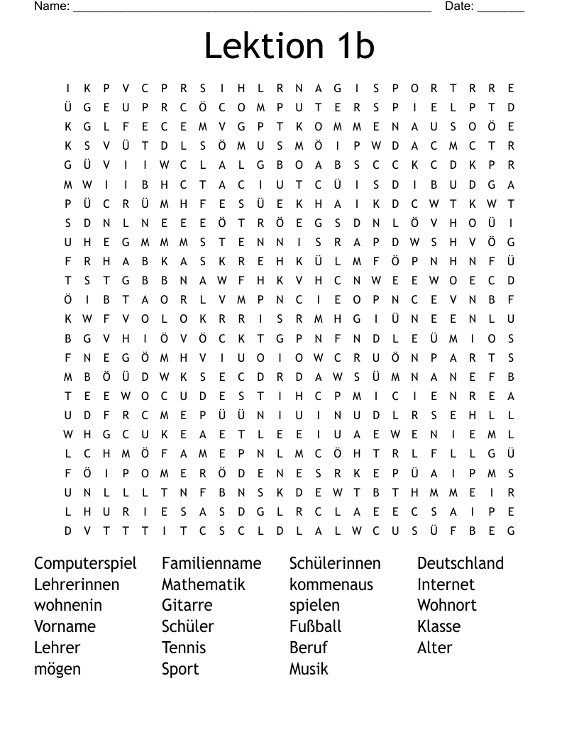 Lektion 1b Word Search