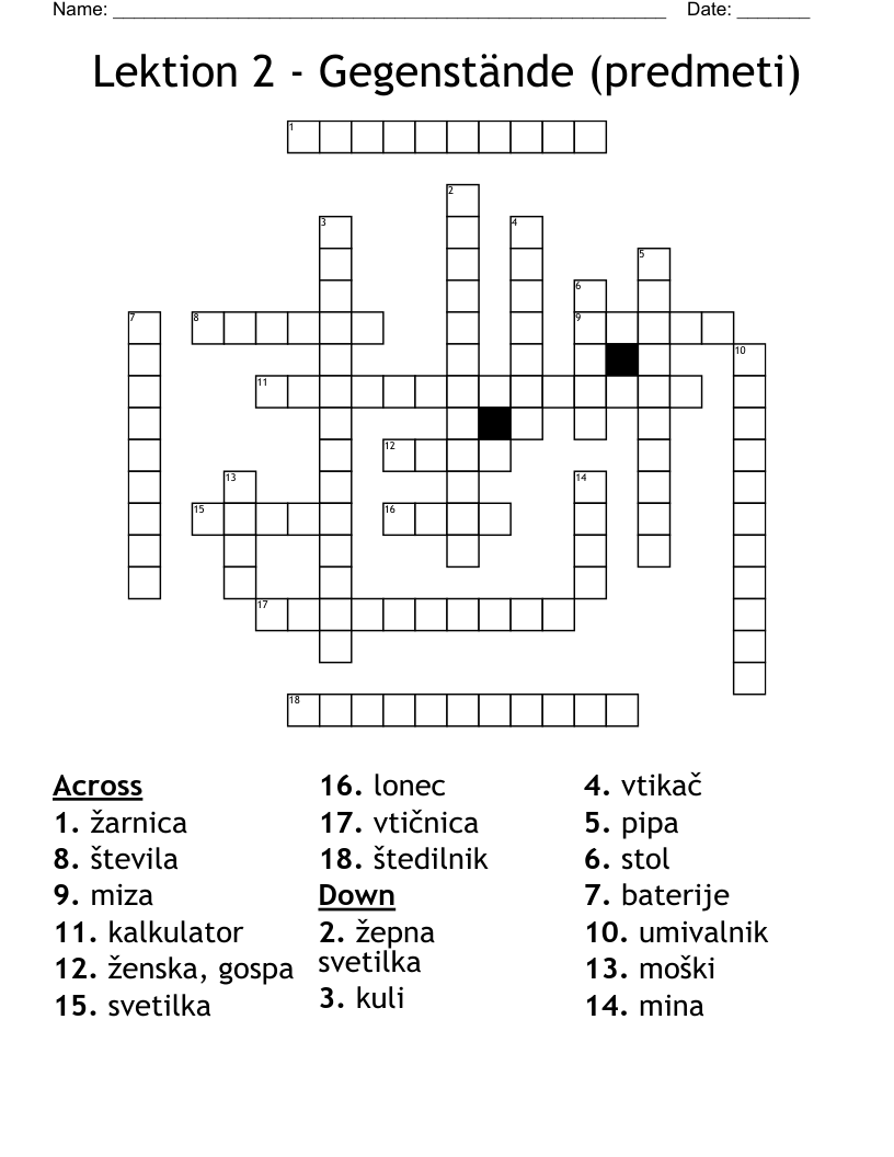 Lektion 2 - Gegenstände (predmeti) Crossword