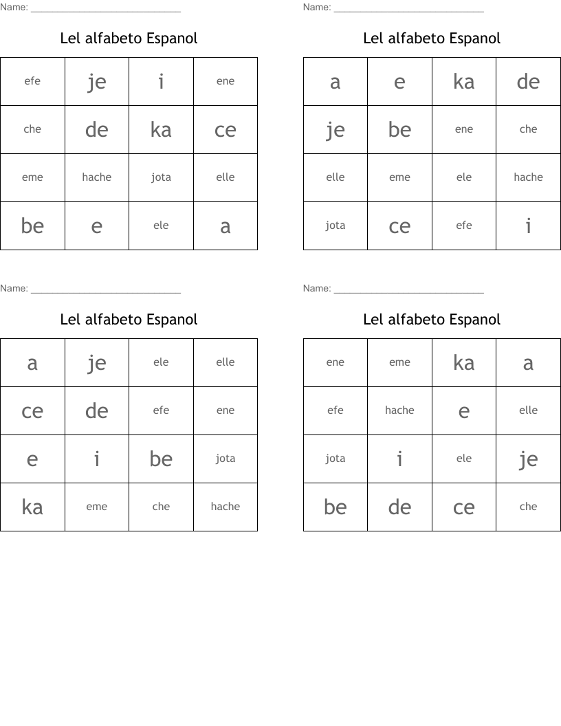 Lel  alfabeto Espanol Bingo Cards