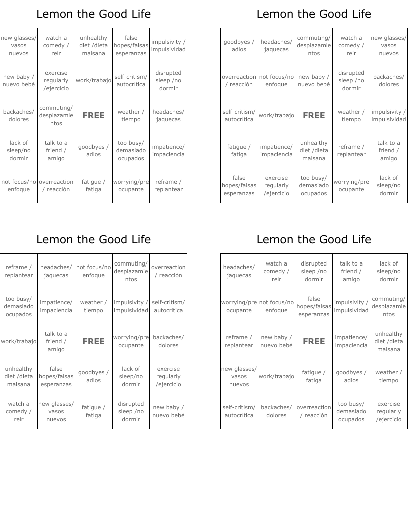 Lemon the Good Life Bingo Cards