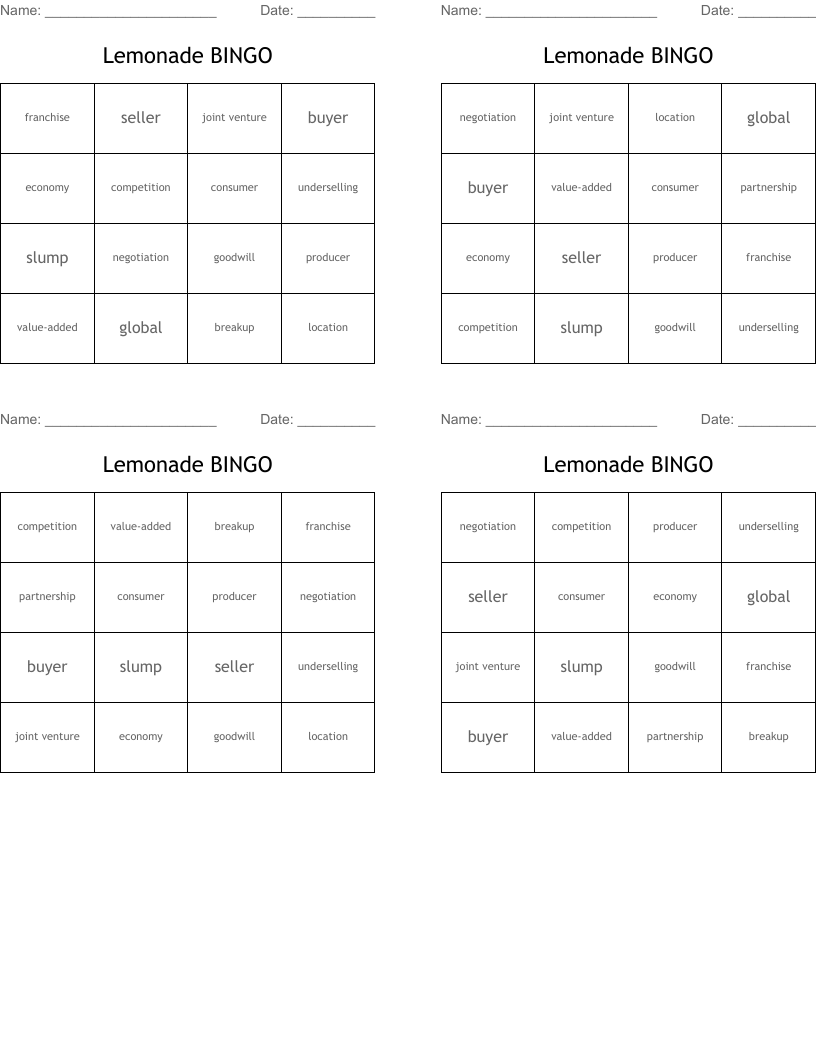 Lemonade BINGO