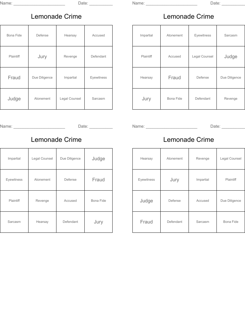 Lemonade Crime Bingo Cards