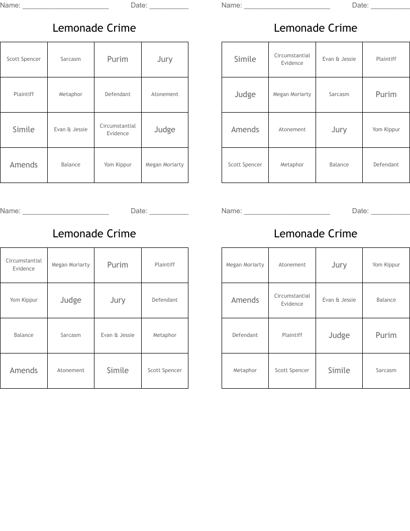 Lemonade Crime Bingo Cards