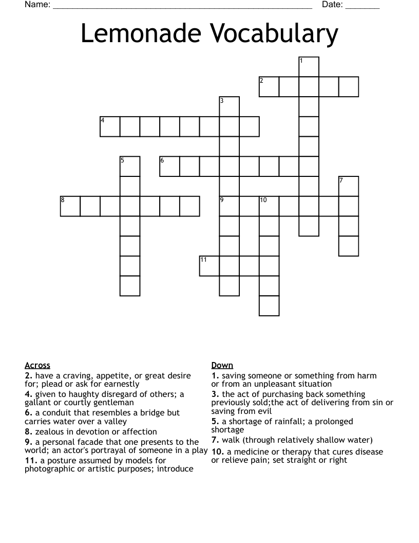 Lemonade Vocabulary Crossword