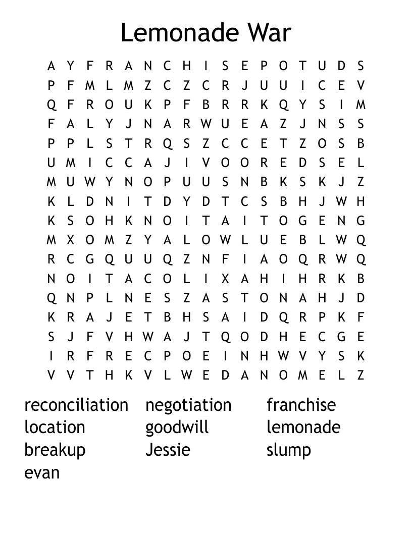 Lemonade War Word Search