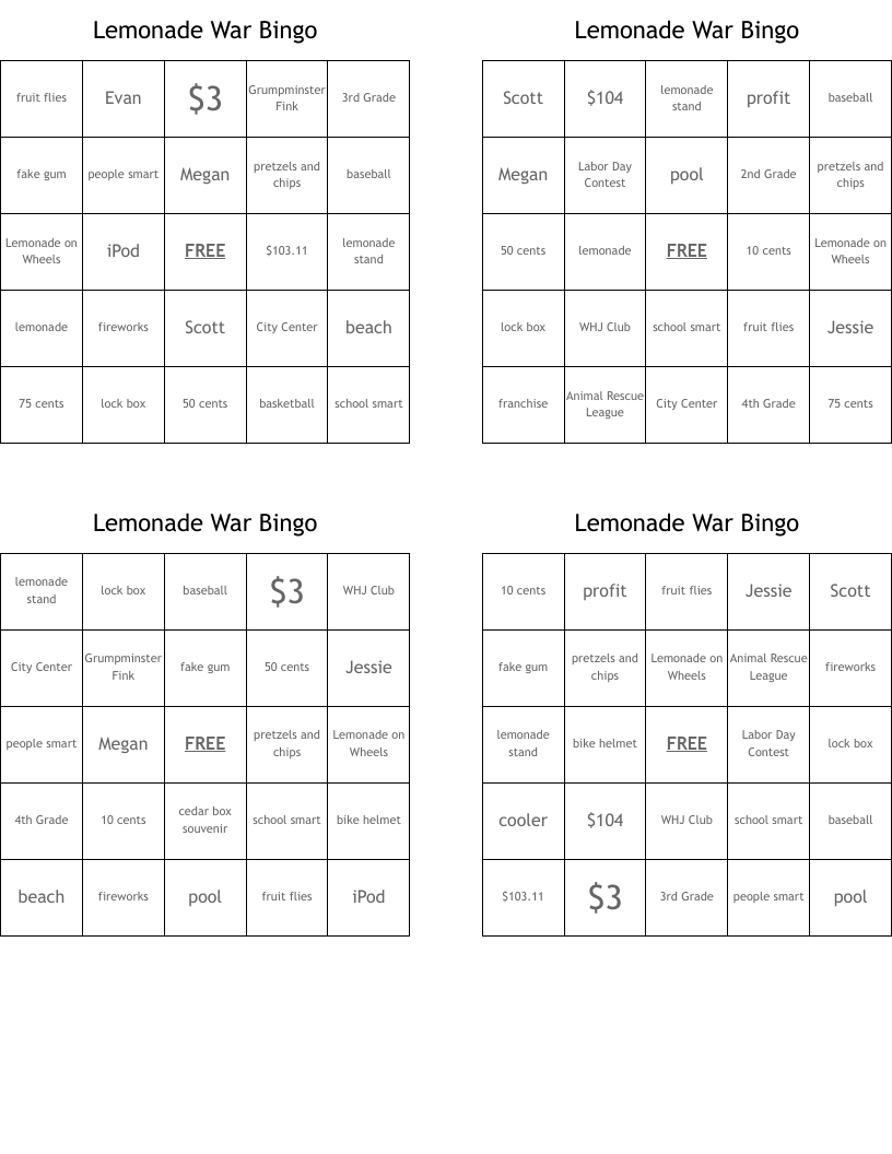 Lemonade War Bingo
