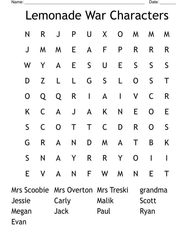 Lemonade War Characters Word Search