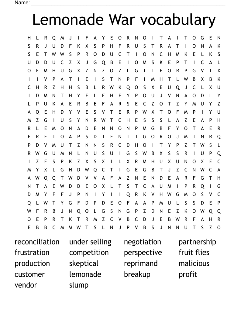 Lemonade War vocabulary Word Search