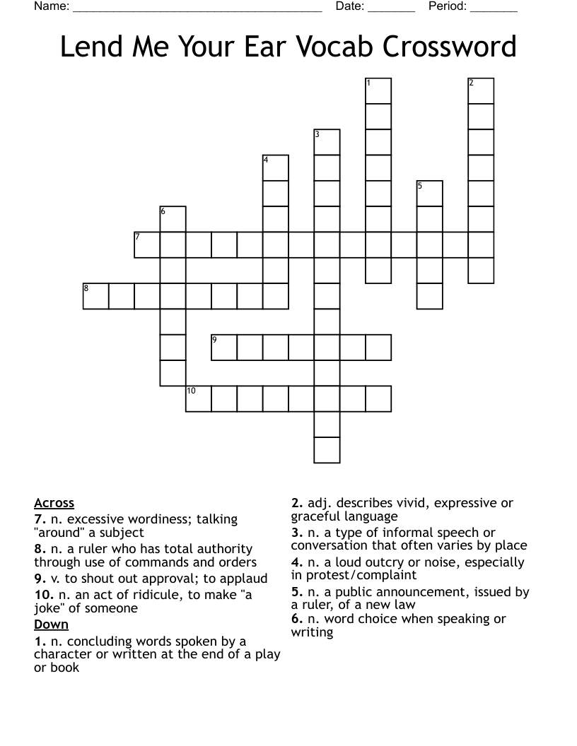 Lend Me Your Ear Vocab Crossword