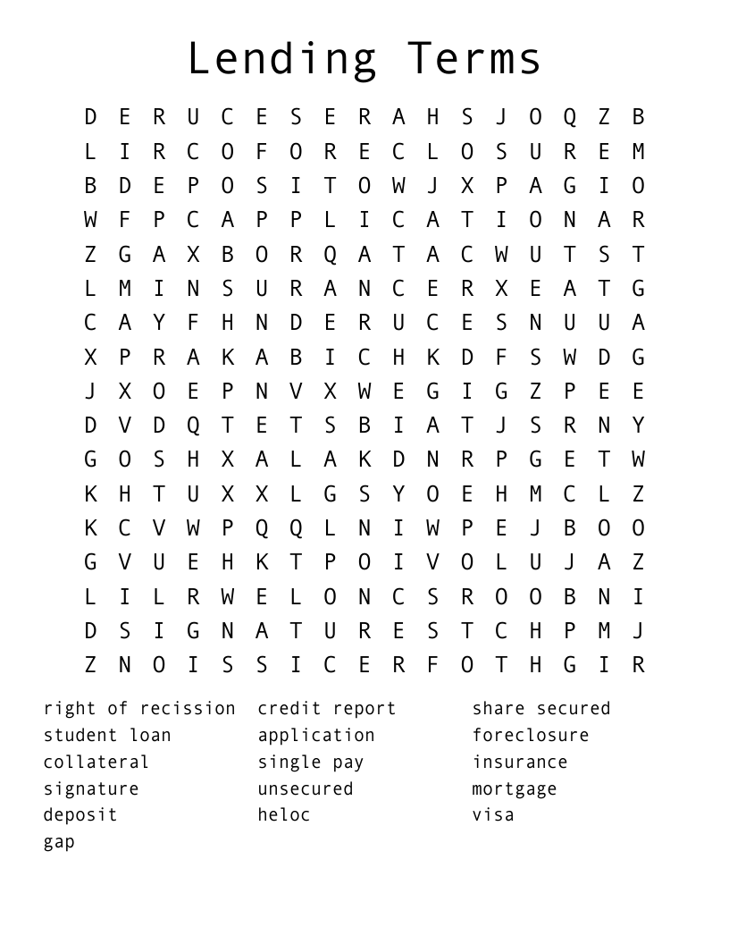 Lending Terms Word Search