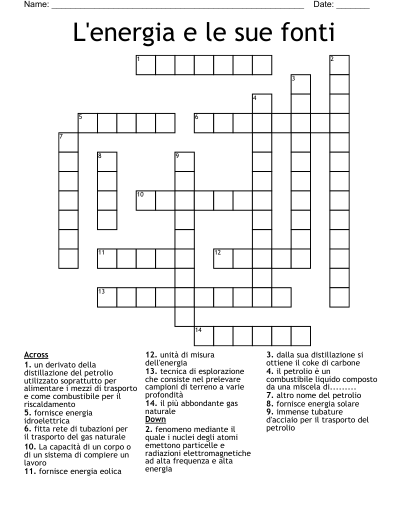 L'energia e le sue fonti Crossword