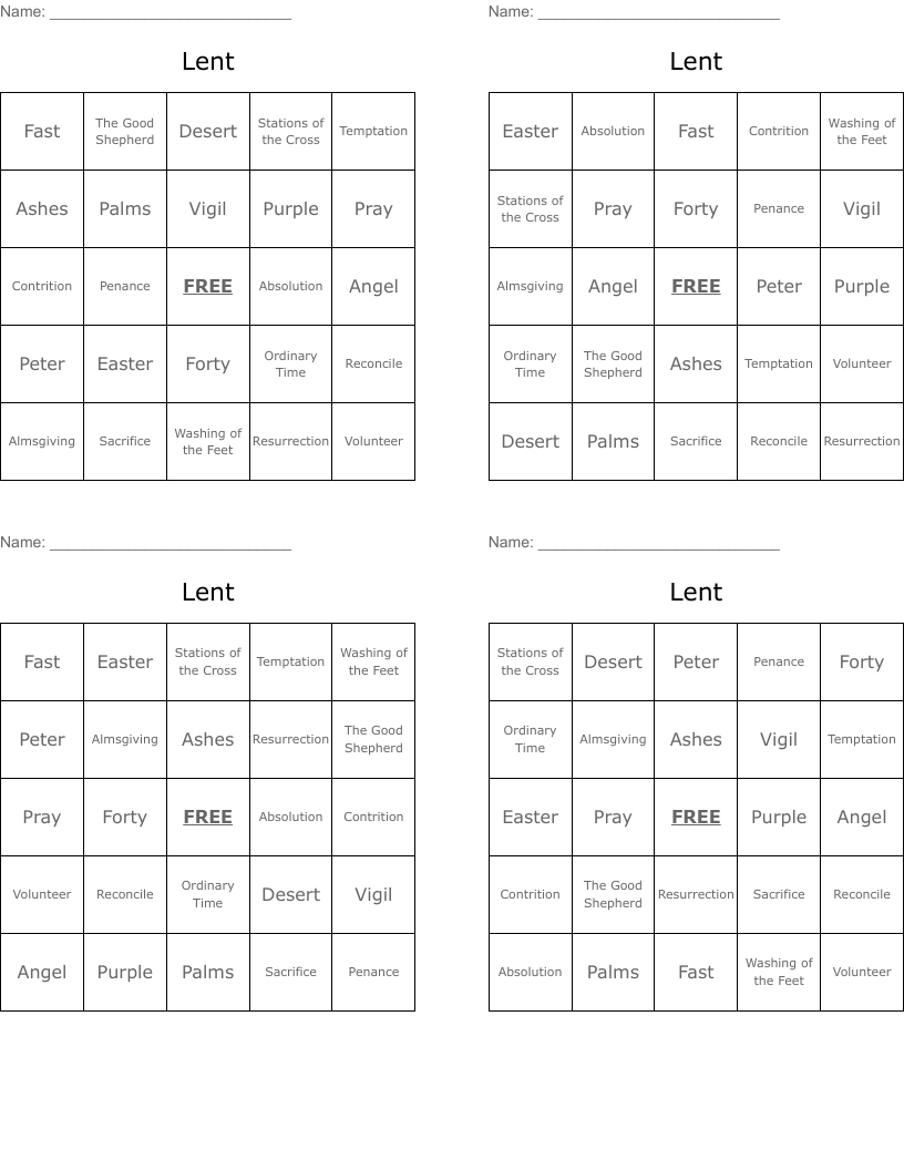 Lent Bingo Cards
