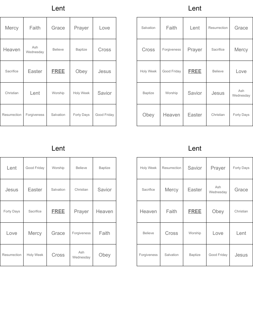Lent Bingo Cards