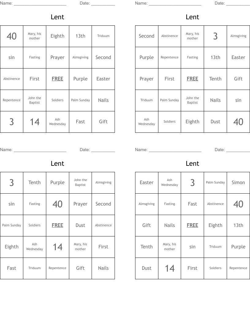 Lent Bingo Cards
