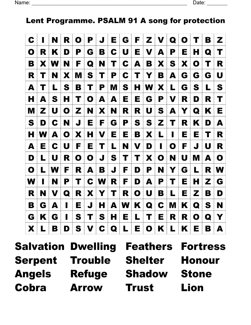 Lent Programme. PSALM 91 A song for protection Word Search
