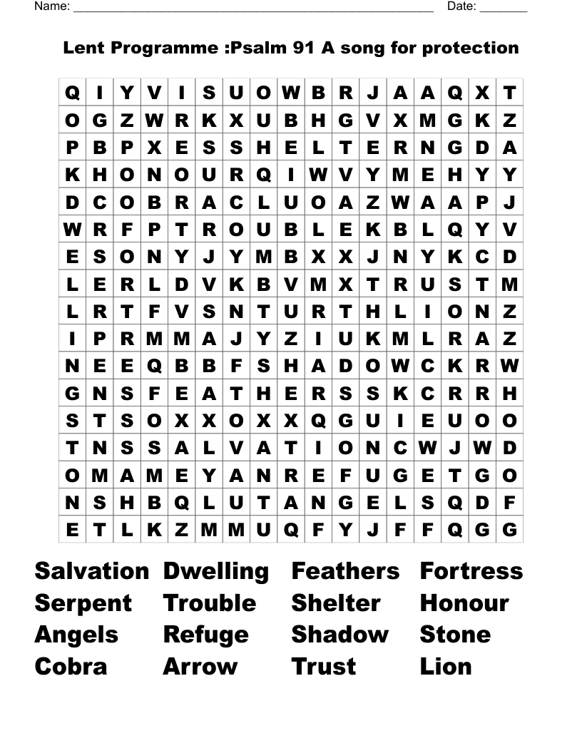Lent Programme :Psalm 91 A song for protection  Word Search