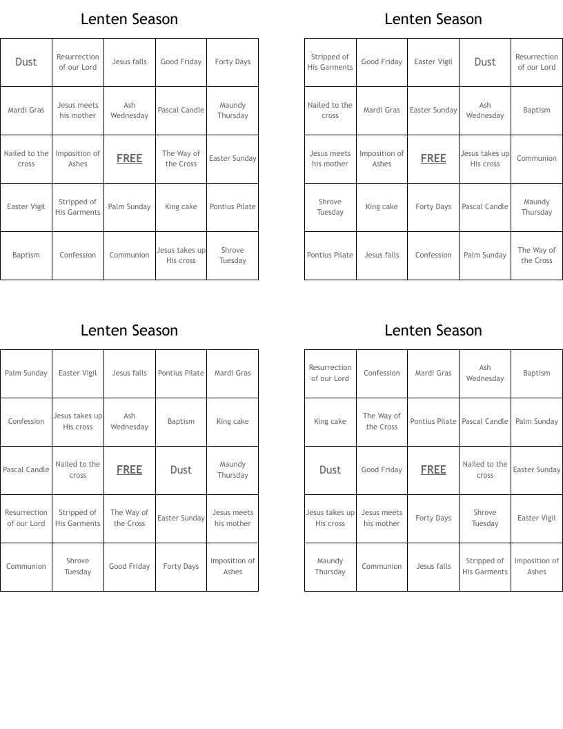 Lenten Season Bingo Cards