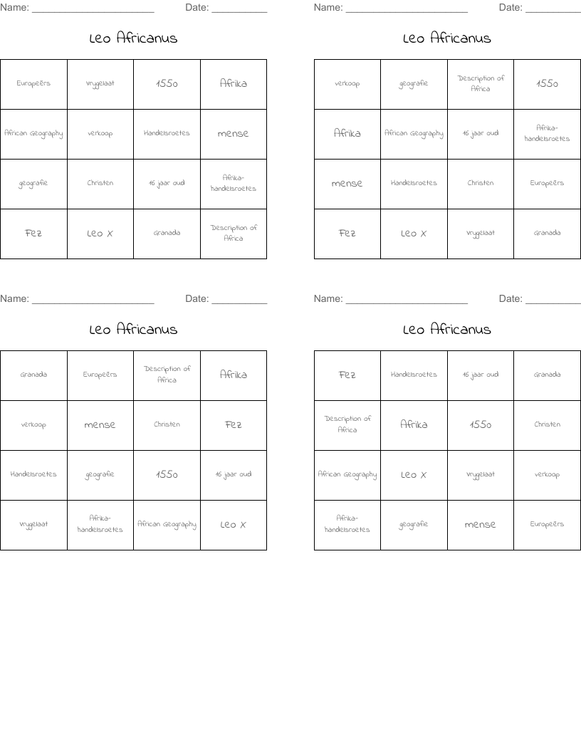 Leo Africanus Bingo Cards