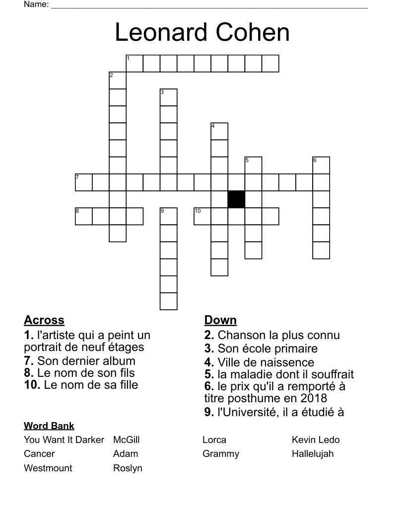 Leonard Cohen Crossword