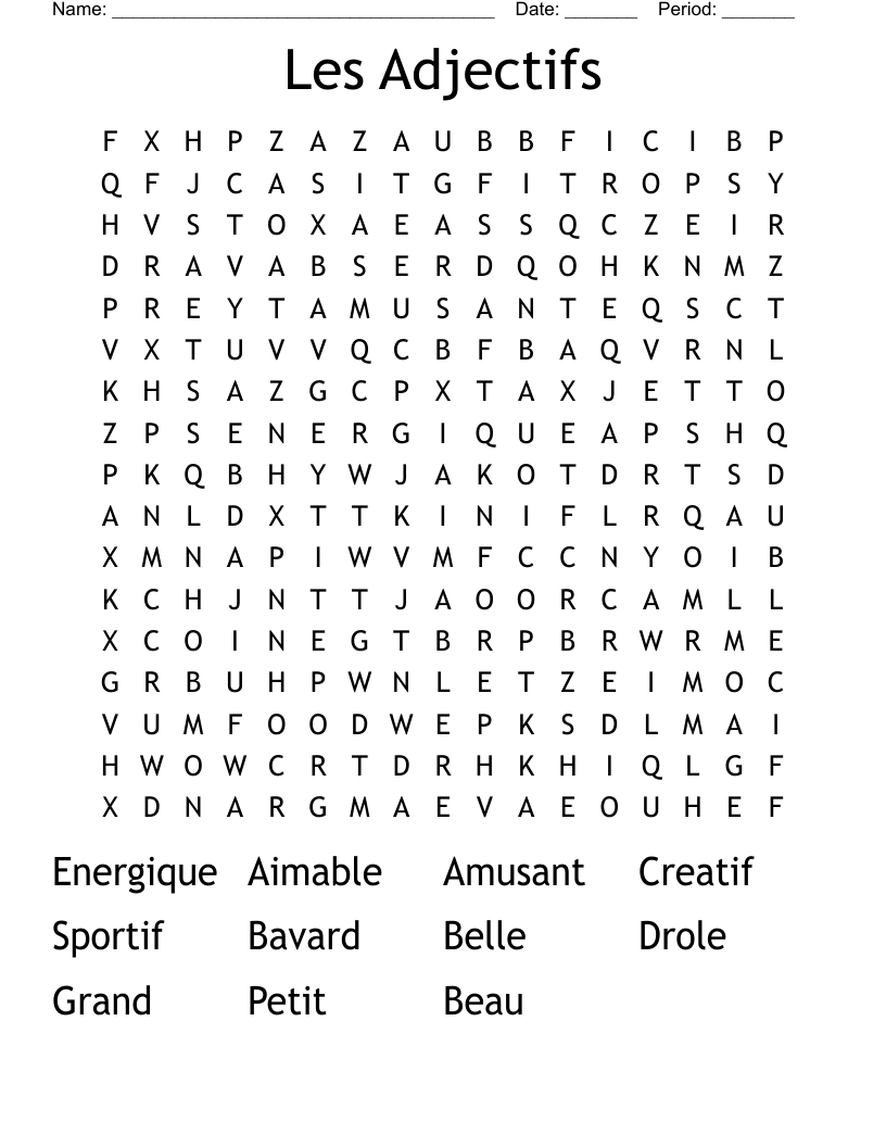 Les Adjectifs Word Search