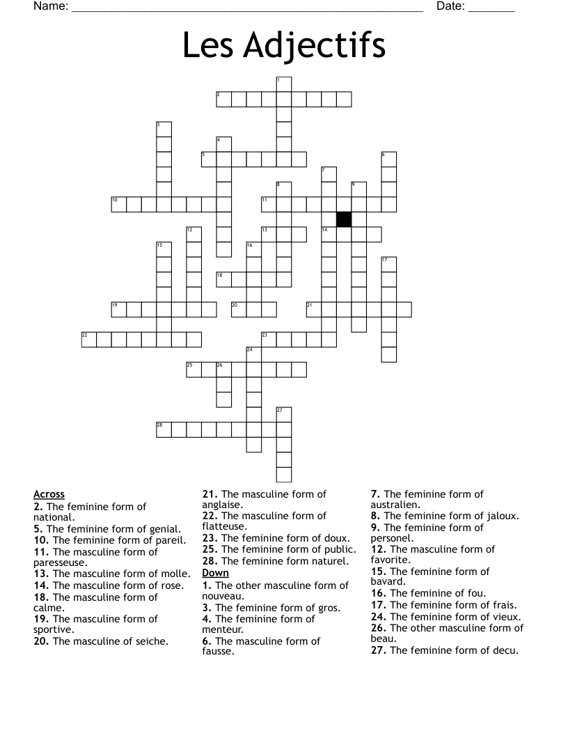 Les Adjectifs Crossword