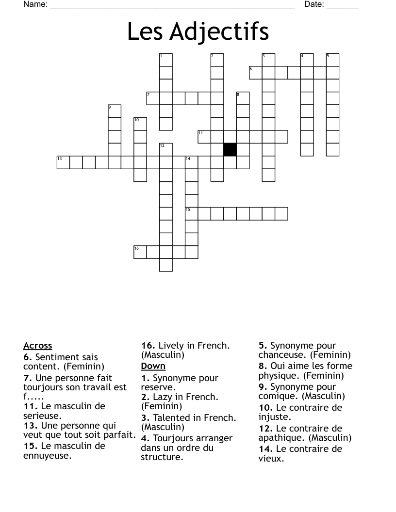 Les Adjectifs  Crossword