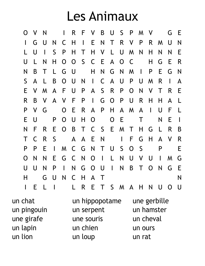 Les Animaux Word Search