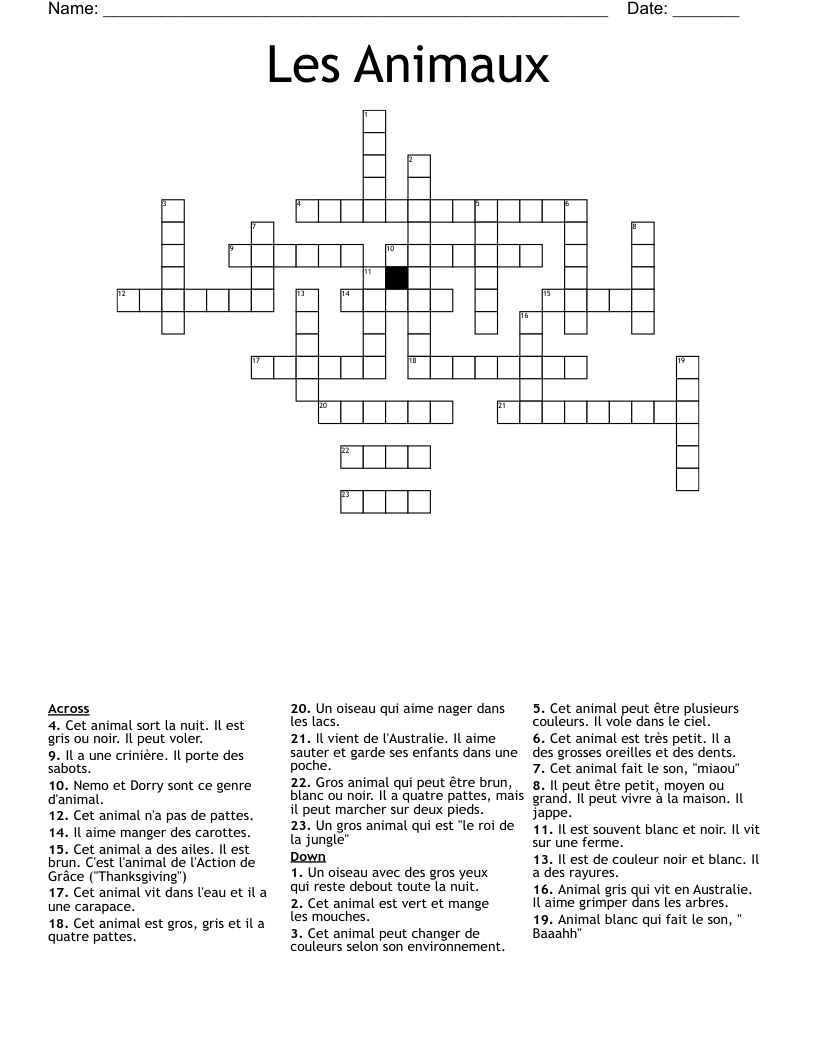 Les Animaux Crossword