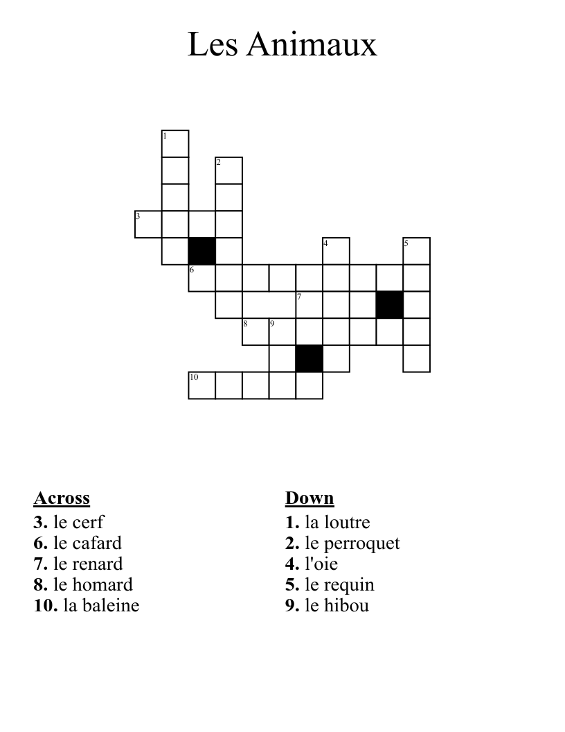 Les Animaux Crossword