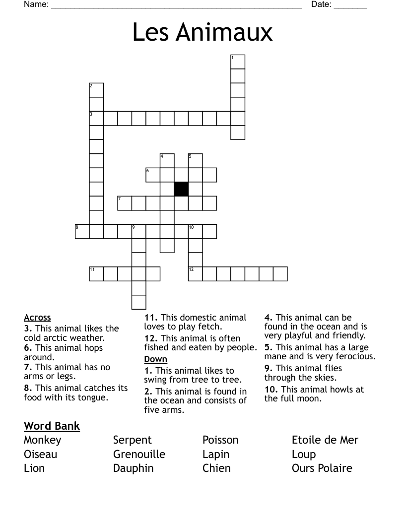Les Animaux Crossword