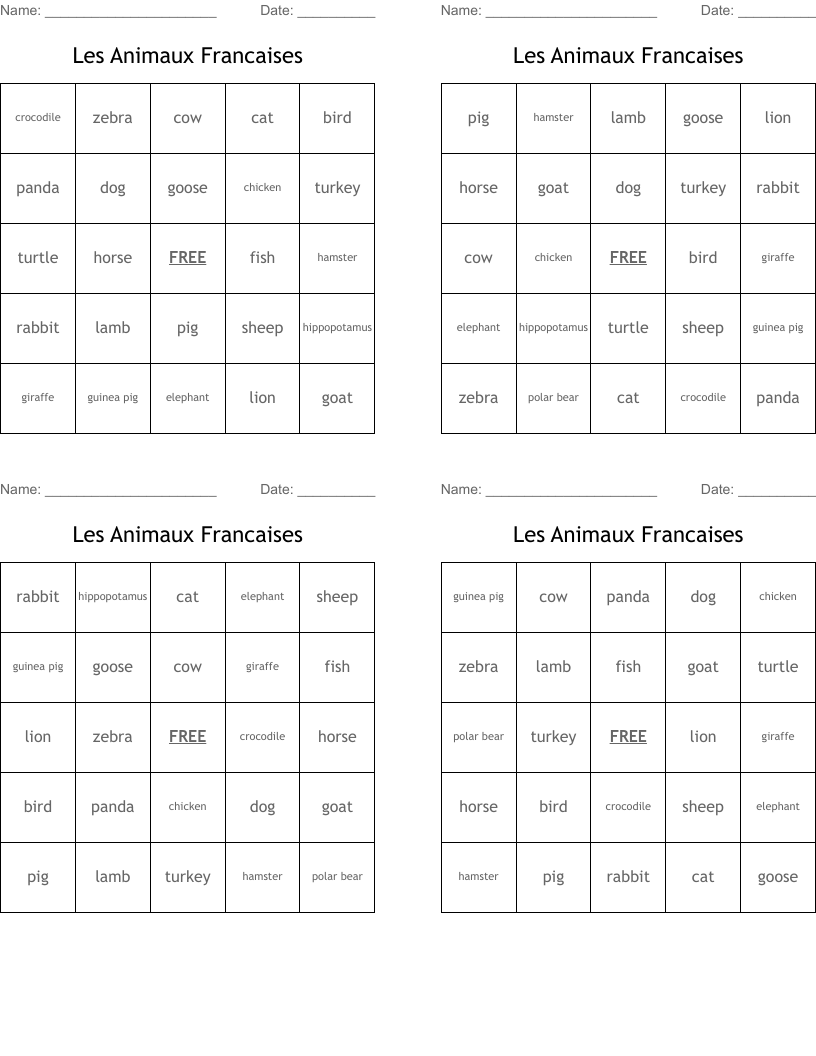Les Animaux Francaises Bingo Cards