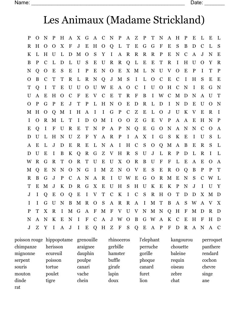 Les Animaux               (Madame Strickland) Word Search