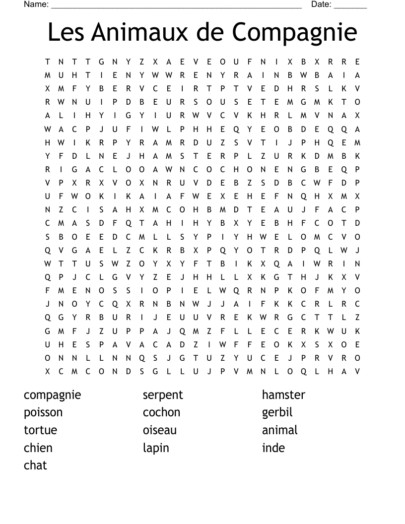 Les Animaux de Compagnie Word Search