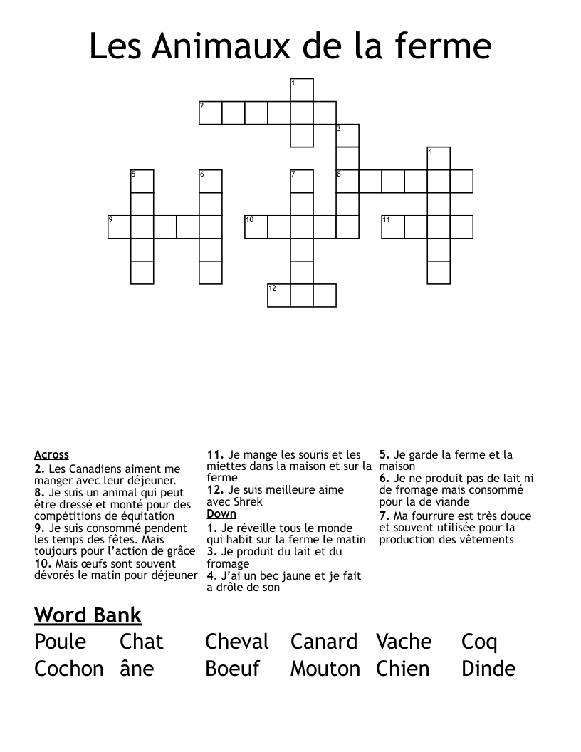 Les Animaux de la ferme  Crossword