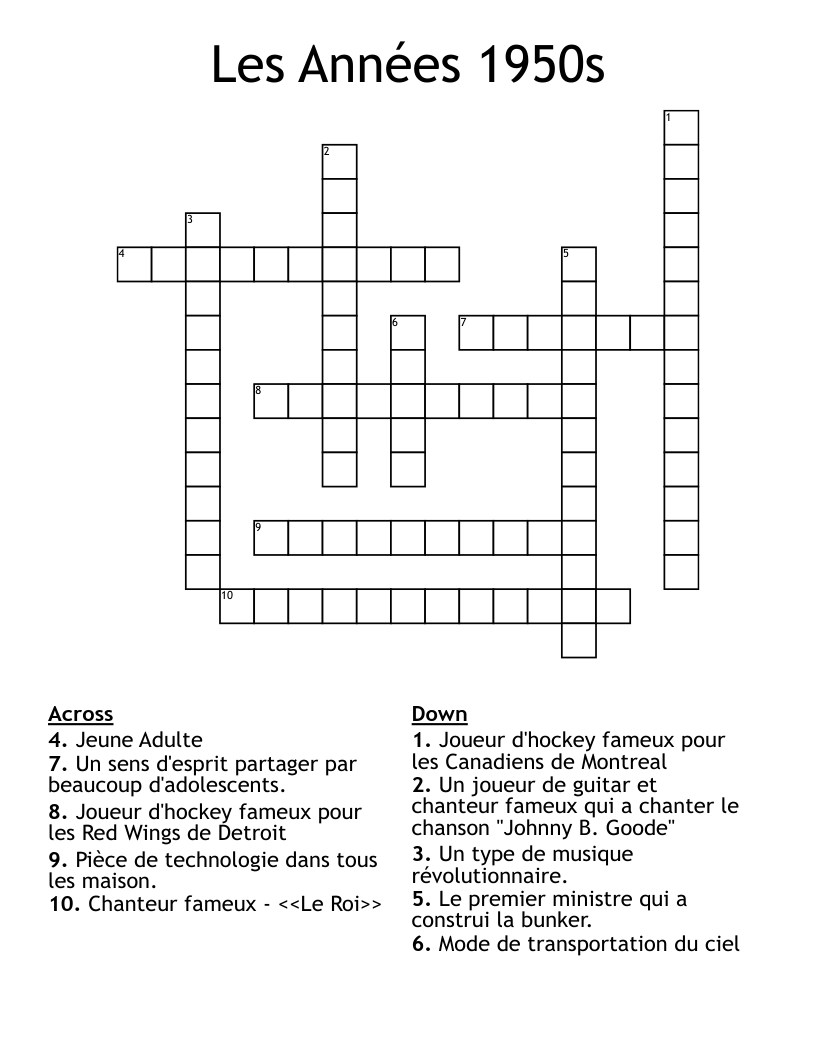 Les Années 1950s Crossword