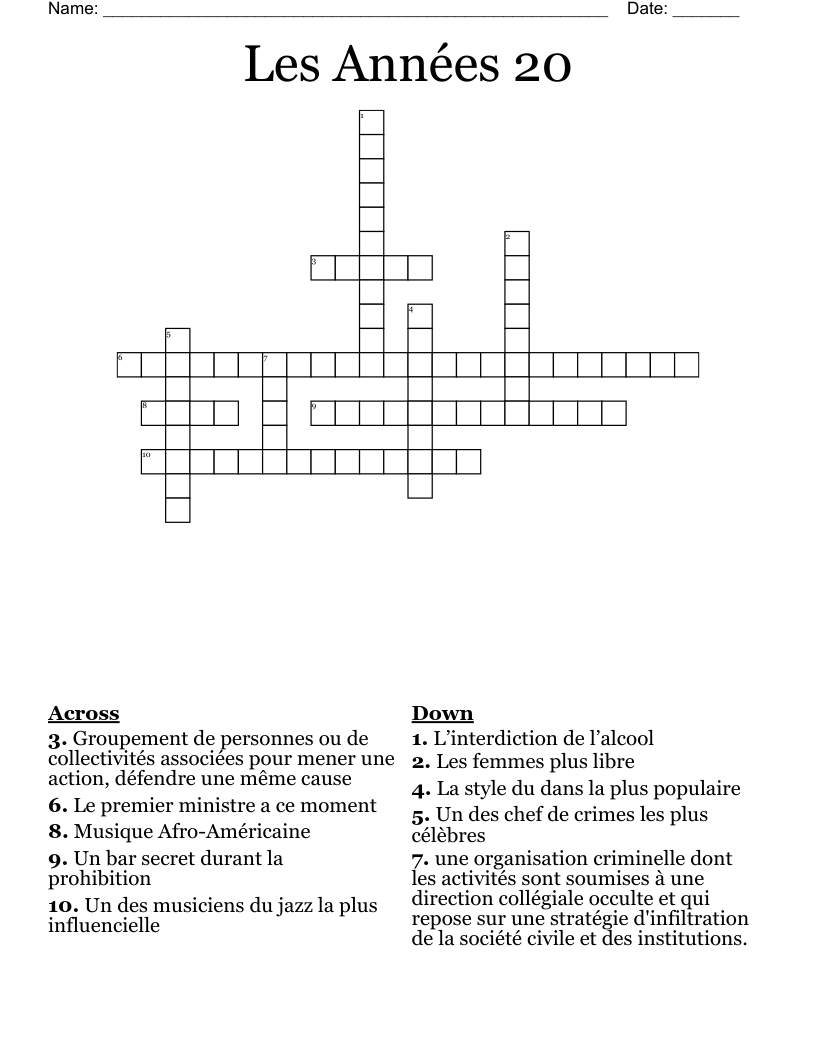 Les Années 20 Crossword