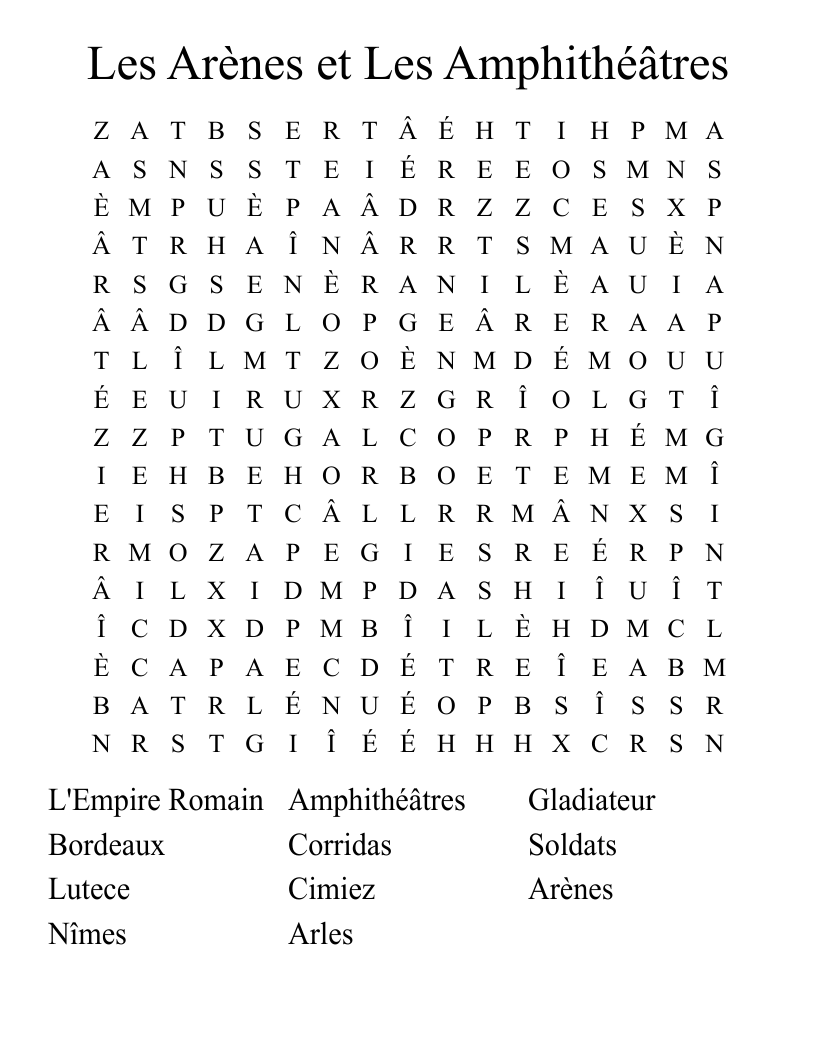 Les Arènes et Les Amphithéâtres Word Search
