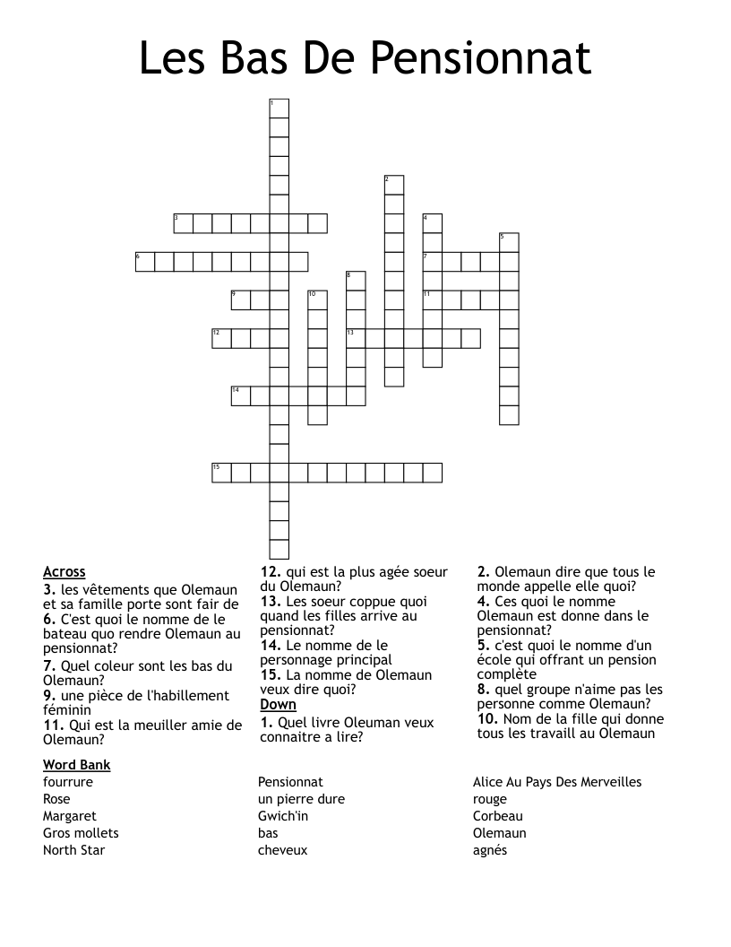 Les Bas De Pensionnat Crossword
