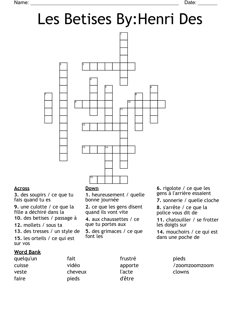 Les Betises By:Henri Des Crossword