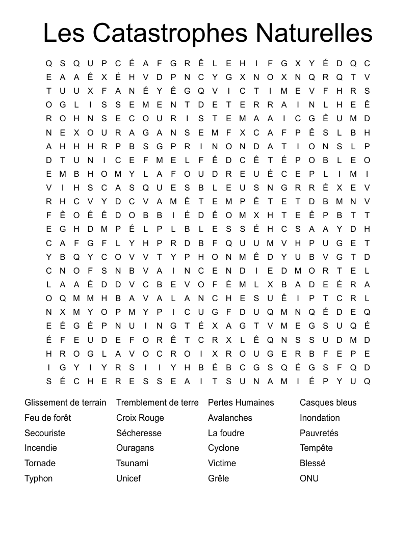 Les Catastrophes Naturelles Word Search