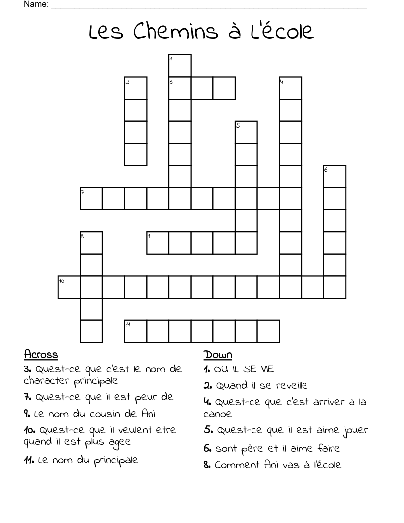 Les Chemins à L'école Crossword