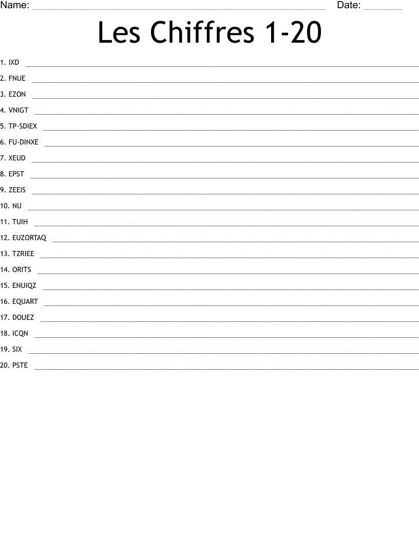 Les Chiffres 1-20 Word Scramble